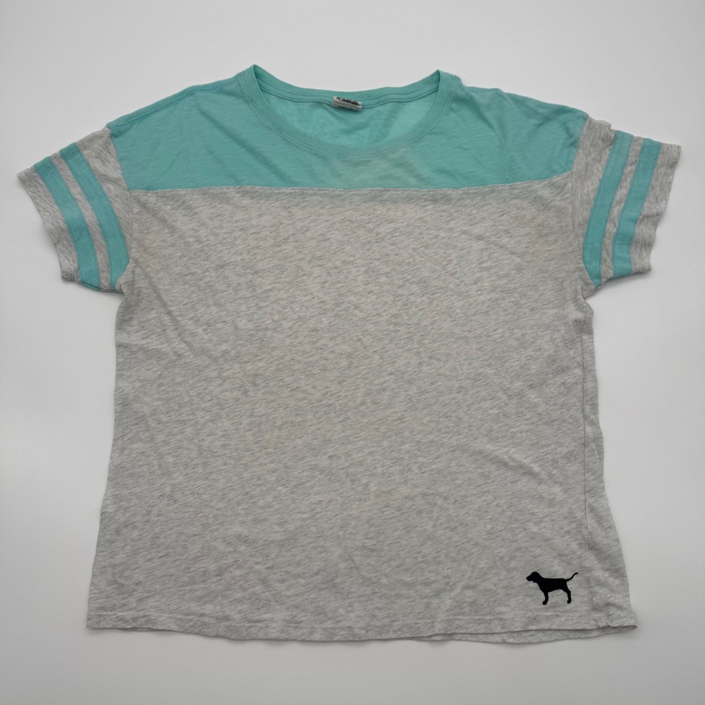 Victorias Secret PINK T-Shirt Small Gray Aqua Colorblock